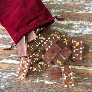 Mauve Gold Leaf Resin Dominoes Game with Velvet Bag 28 pieces Glitter Handmade E
